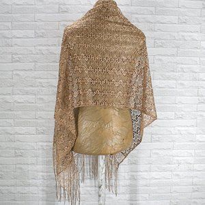 Elegant Metallic Gold Lace Shawl Open Knit Scarf